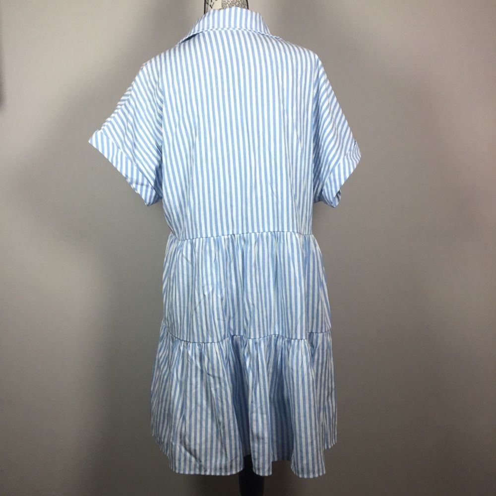 Light blue & white striped button down summer dress shirt sleeve tiered skirt L - Picture 5 of 8